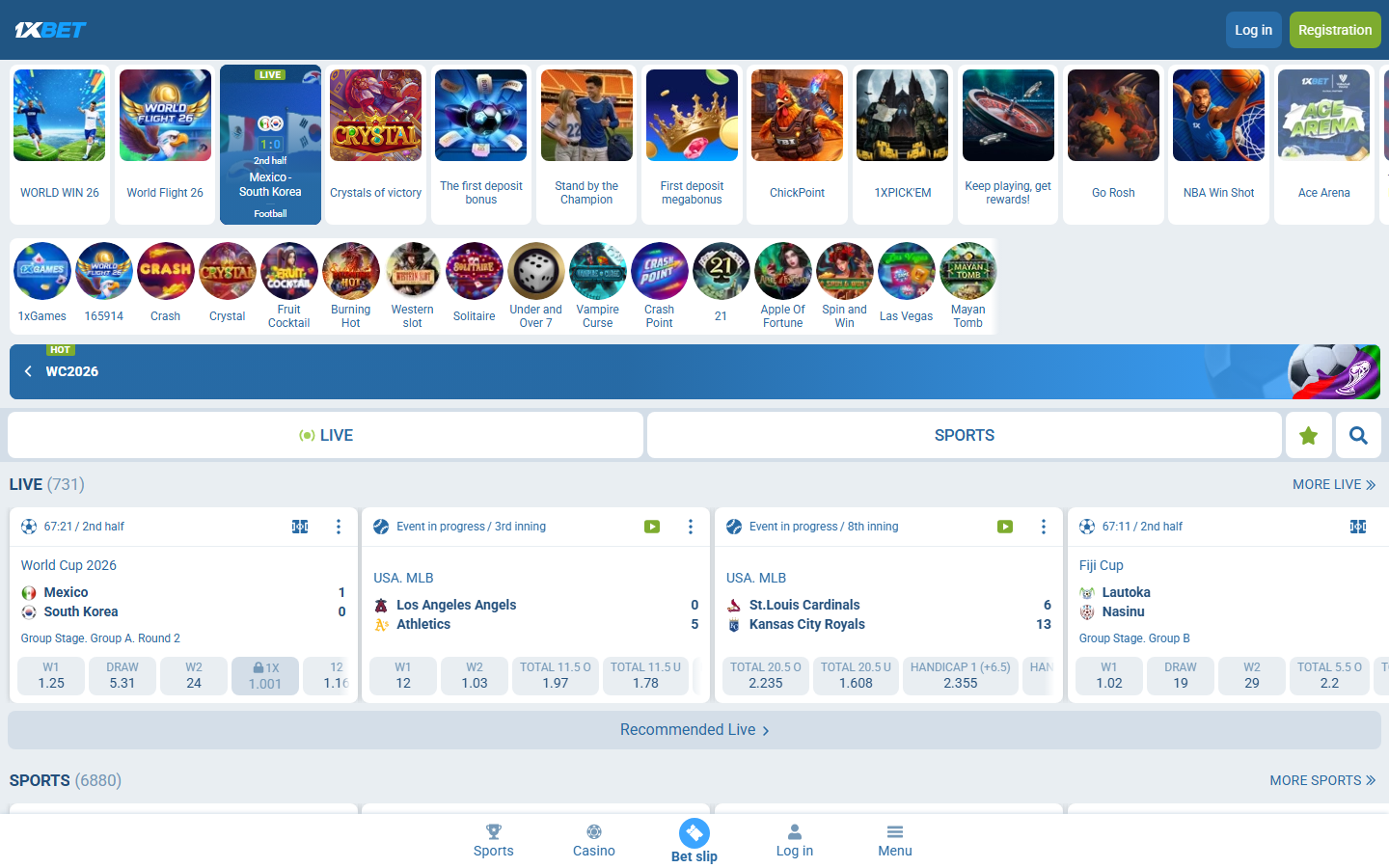 1xBet public page screenshot for casino spin checks